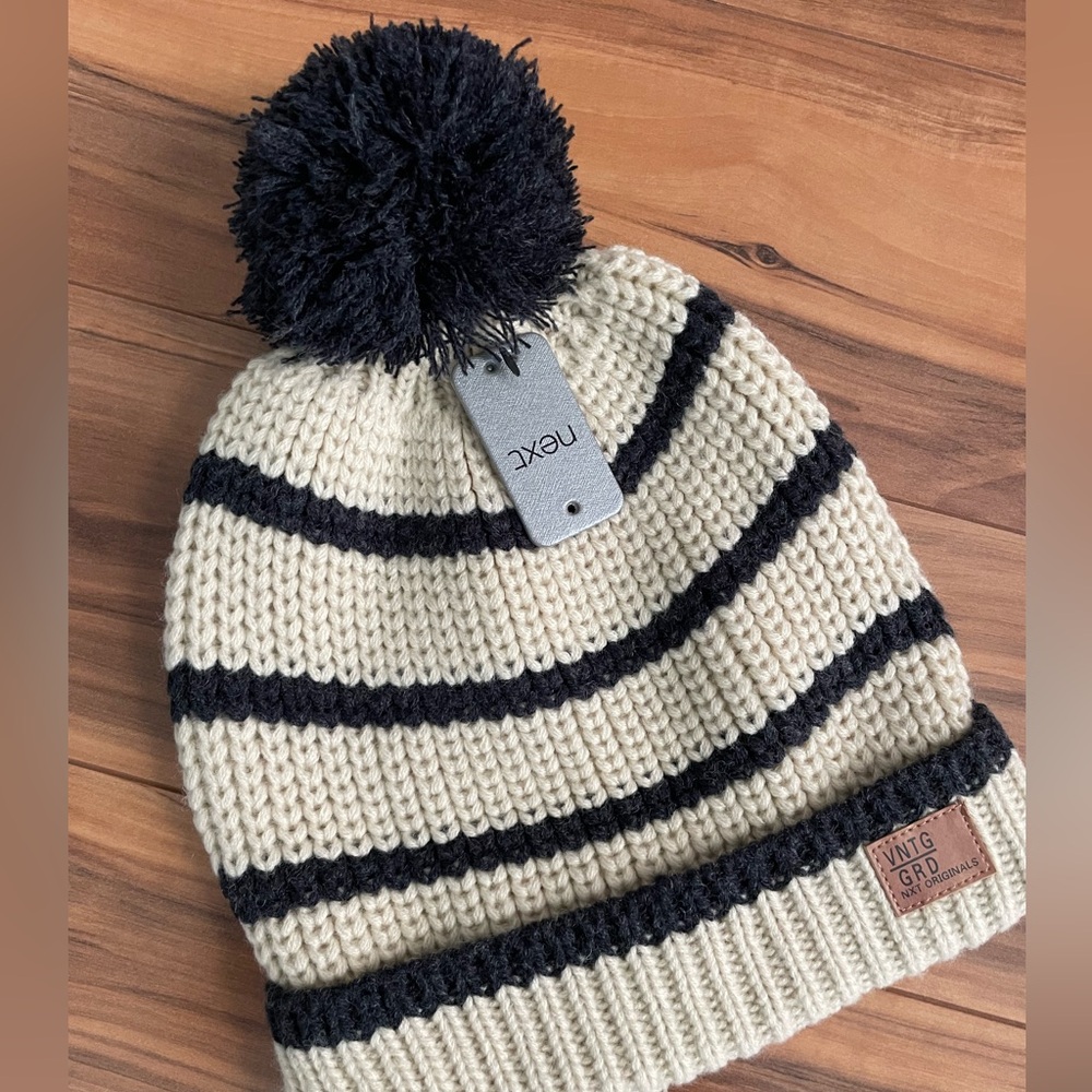 Next Kids' Cream and Black Striped vintage retro Pom-Pom Beanie soft